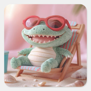 Pegatina Cuadrada Vibes de verano: Un cocodrilo chileno en vacacione