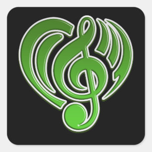 Pegatina Cuadrada Vibraciones Amor Musical Corazón Verde Nota Musica