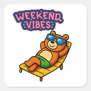 Pegatina Cuadrada Vibraciones de Fin de Semana Oso Lindo Sticker de