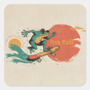 Pegatina Cuadrada Vibraciones de Rana – Arte Retro de Rana de Surf S