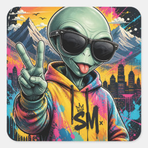 Pegatina Cuadrada Vibraciones Divertidas de Alien