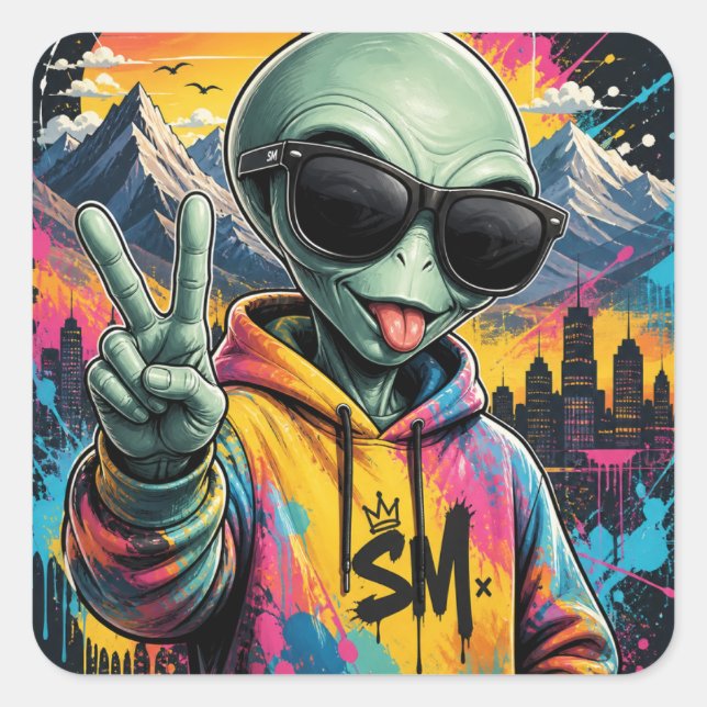Pegatina Cuadrada Vibraciones Divertidas de Alien (Anverso)