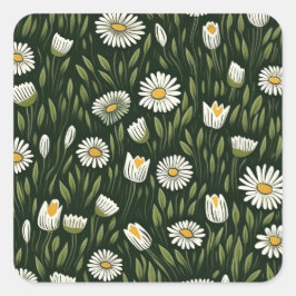 Pegatina Cuadrada Vibrant Daisy Pattern with Lush Green Accents
