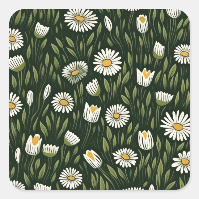 Pegatina Cuadrada Vibrant Daisy Pattern with Lush Green Accents (Anverso)