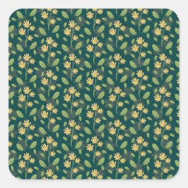 Pegatina Cuadrada Vibrant Green Pattern with Yellow Flowers & Leaves