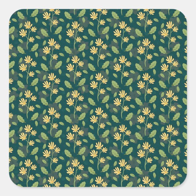 Pegatina Cuadrada Vibrant Green Pattern with Yellow Flowers & Leaves (Anverso)