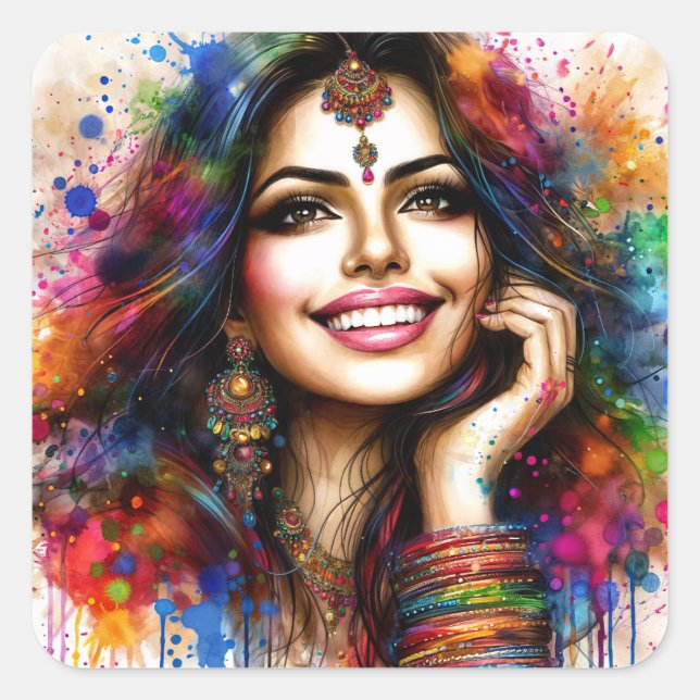 Pegatina Cuadrada Vibrant Indian Beauty Festival Art (Anverso)