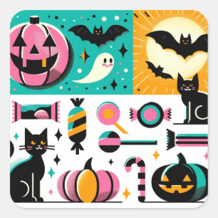 Pegatina Cuadrada Vibrant Retro Halloween Collage Pink Pumpkin Black