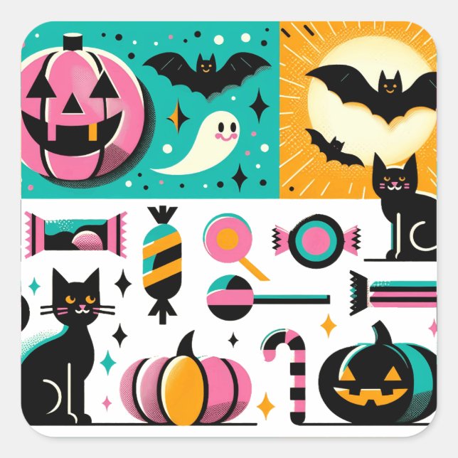Pegatina Cuadrada Vibrant Retro Halloween Collage Pink Pumpkin Black (Anverso)