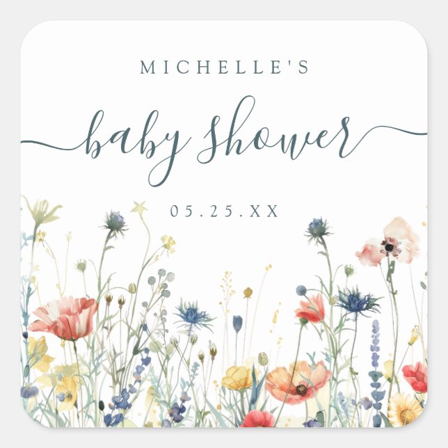 Pegatina Cuadrada Vibrant Wildflower Baby Shower (Anverso)