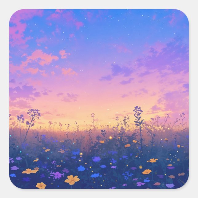 Pegatina Cuadrada Vibrant Wildflower Meadow at Sunset Sky (Anverso)