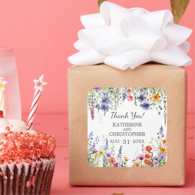 Pegatina Cuadrada Vibrant Wildflowers Wedding Elegant Thank You (Fiesta)