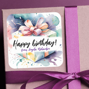 Pegatina Cuadrada Vibrante acuarela Caja de regalo de cumpleaños con