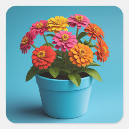 Pegatina Cuadrada Vibrante Arte Botánico Floral, Flores de Zinnia
