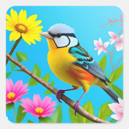 Pegatina Cuadrada Vibrante cantante encaramado en una rama florida
