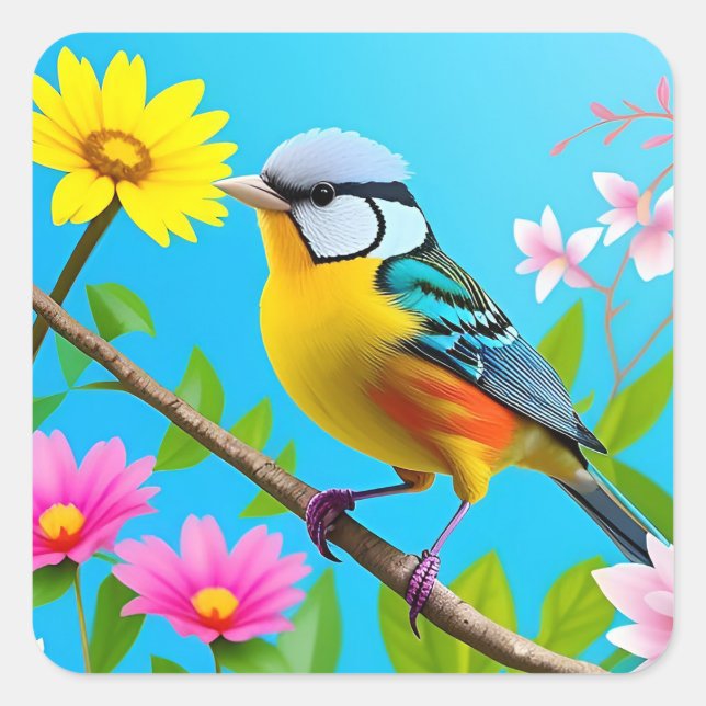 Pegatina Cuadrada Vibrante cantante encaramado en una rama florida (Anverso)