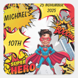 Pegatina Cuadrada Vibrante caricatura de superhéroes rojos y amarill