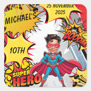 Pegatina Cuadrada Vibrante caricatura de superhéroes rojos y amarill