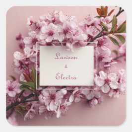 Pegatina Cuadrada Vibrante Flor de Cerezo Rosa Marco Blanco Boda