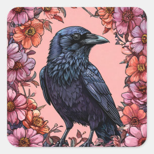 Pegatina Cuadrada 🖤 Vibrante Floral Cuervo Oscuro Pájaro 🖤