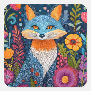 Pegatina Cuadrada Vibrante Fox Dot Art en medio de Lush Flora