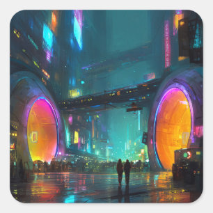 Pegatina Cuadrada Vibrante paisaje urbano Cyberpunk con arcos