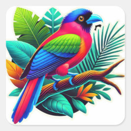 Pegatina Cuadrada Vibrante retrato de ave tropical esmeralda