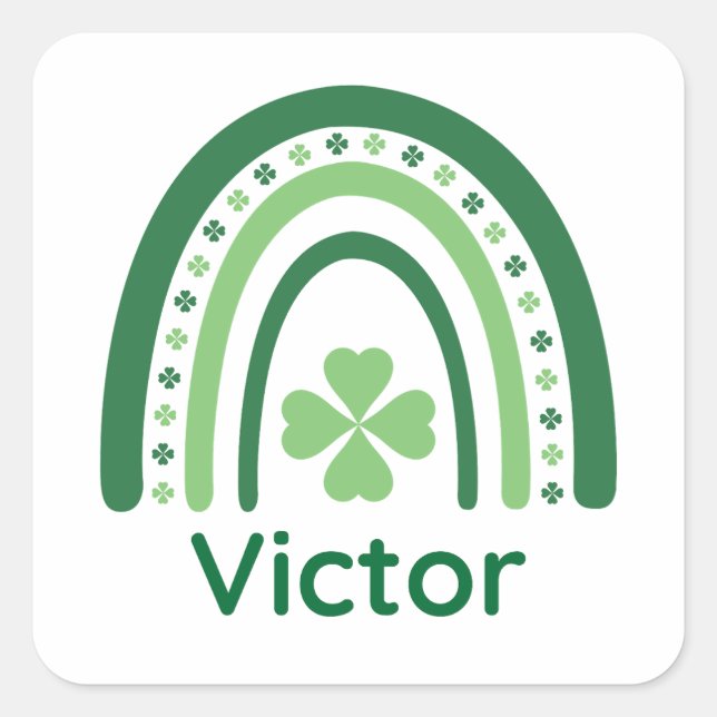 Pegatina Cuadrada Victor Name Clover Boho Rainbow (Anverso)