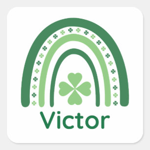 Pegatina Cuadrada Victor Nombre Trébol Boho Arcoíris