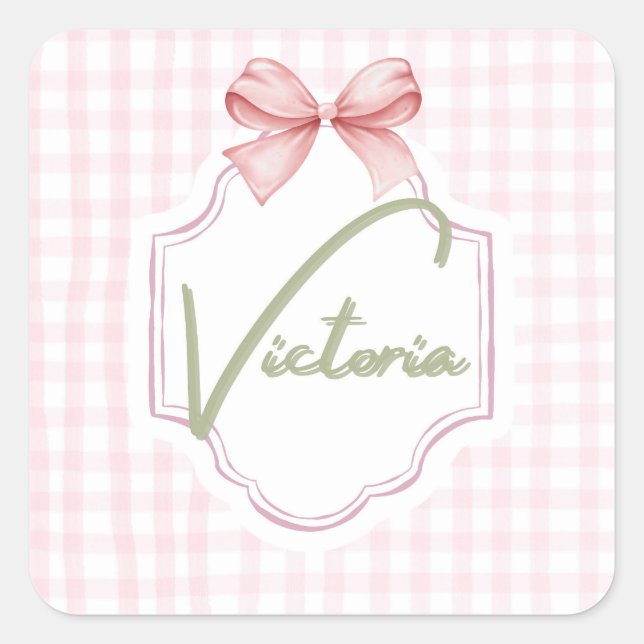 Pegatina Cuadrada Victoria Personalizada Baby Girl Nursery Bow (Anverso)