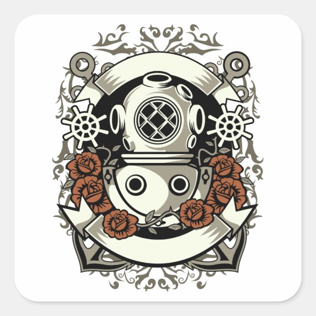 Pegatina Cuadrada Victoria Steampunk Deep Sea Diver Roses Rojos (Anverso)