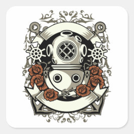 Pegatina Cuadrada Victoria Steampunk Deep Sea Diver Roses Rojos