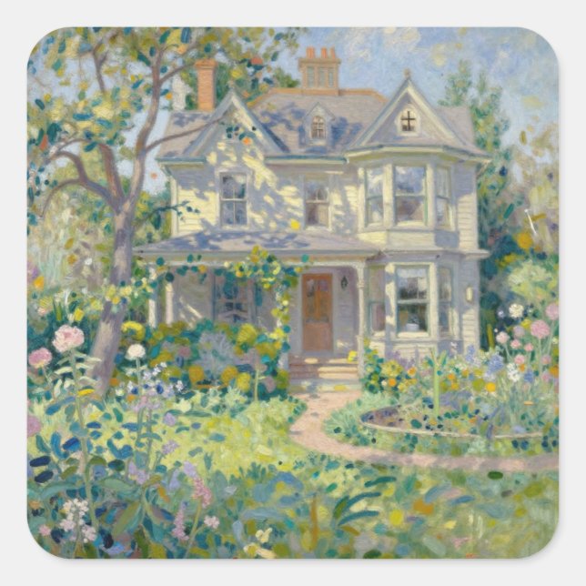 Pegatina Cuadrada Victorian House And Garden Impressionism (Anverso)