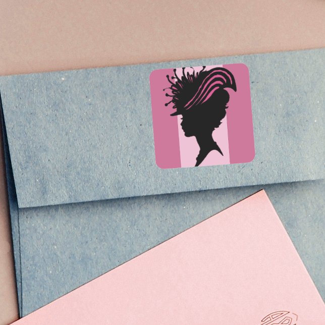 Pegatina Cuadrada Victoriana de la época Lady Black Silhouette Fancy (Silhouette of head bust of Victorian woman with fancy hat on shades of pink stickers.)