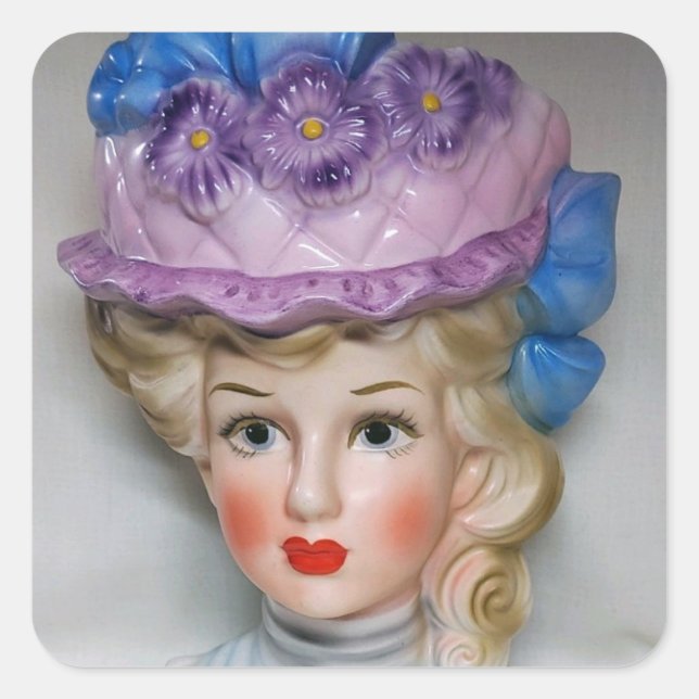 Pegatina Cuadrada Victoriana Lady Head Vase Pink & Purple Floral Gor (Anverso)