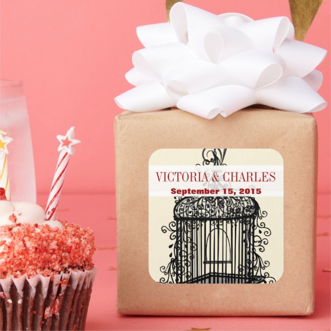 Pegatina Cuadrada Victoriano BirdCage Musical Love Bird Bodas Rojos (Fiesta)