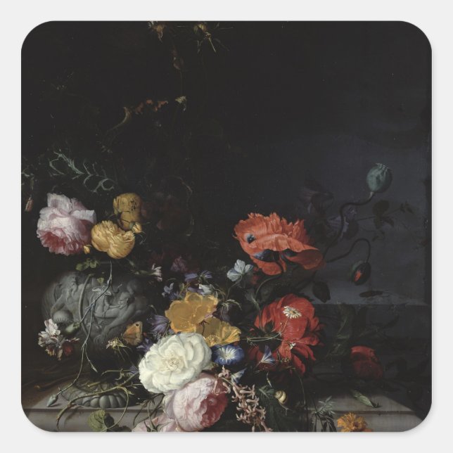 Pegatina Cuadrada Vida con flores e insectos (Anverso)