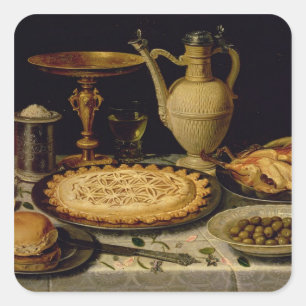Pegatina Cuadrada Vida con una tarta, pollo, pan y aceitunas