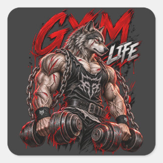 Pegatina Cuadrada Vida de gimnasio bestia modo lobo hombre culturism