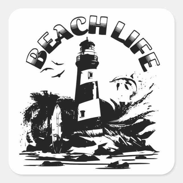 Pegatina Cuadrada Vida en la playa del faro blanco y negro (Anverso)