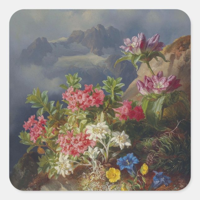 Pegatina Cuadrada Vida fija con flores alpinas - Andreas Lach (Anverso)