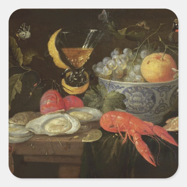 Pegatina Cuadrada Vida fija con fruta y mariscos, 1653 (petróleo en (Anverso)