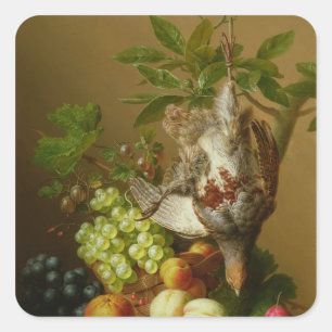 Pegatina Cuadrada Vida fija con fruta y perdiz muerto