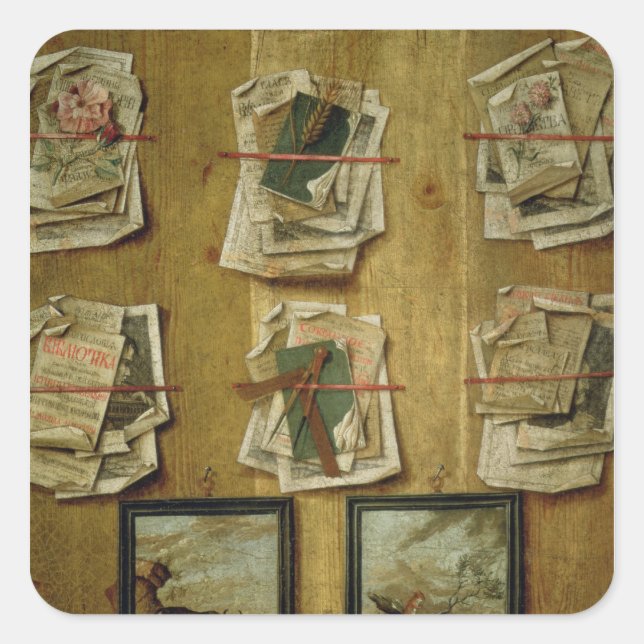 Pegatina Cuadrada Vida fija con hojas de libros y fotos, 1783 (Anverso)