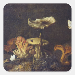 Pegatina Cuadrada Vida fija con hongos y mariposas