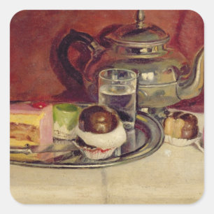 Pegatina Cuadrada Vida fija con pasteles y una tetera plateada (acei