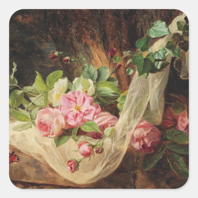 Pegatina Cuadrada Vida fija con Rosas en un piso forestal - Lach A. (Anverso)