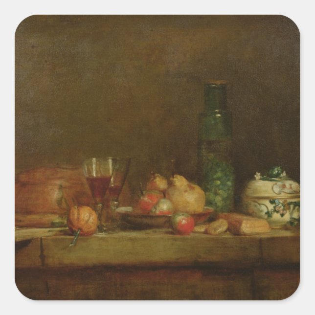 Pegatina Cuadrada Vida fija con una botella de aceitunas, 1760 (Anverso)