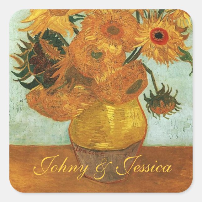 Pegatina Cuadrada Vida fija - Vase con doce girasoles, Vincent (Anverso)