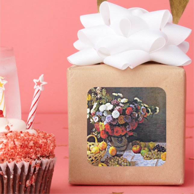 Pegatina Cuadrada Vida, flores y fruta, arte fino, (Fiesta)